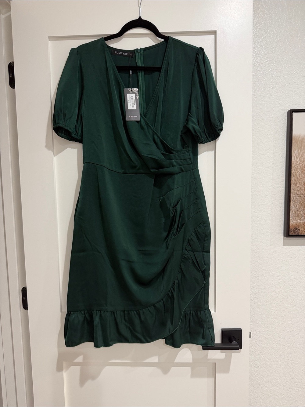 SHEIN Forest Green Faux-Wrap Puff Sleeve Mini Dress